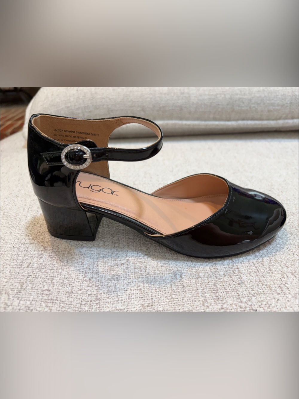 Sugar Black Patent Ankle-Strap Block Heel Dress Shoe